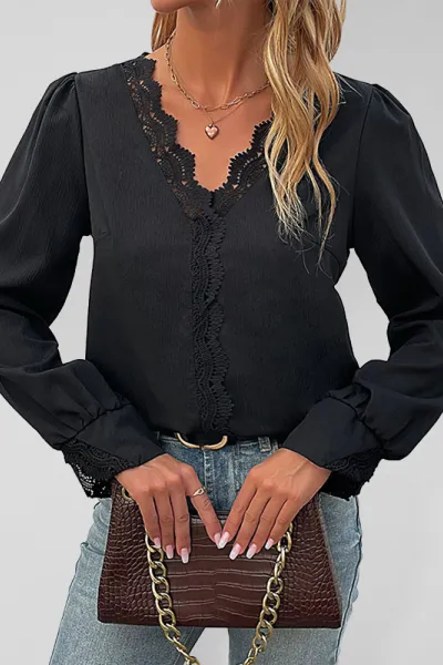Women's woven V-neck lace long-sleeved shirt