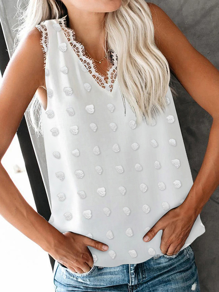 Women's solid color paneled lace tank top