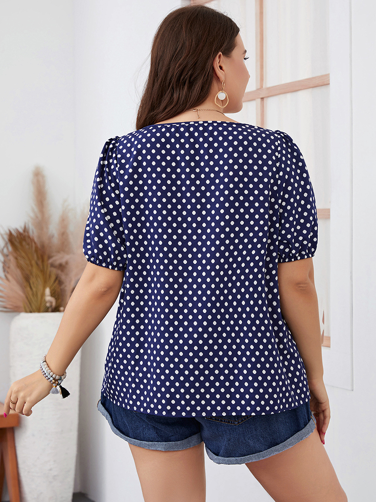 Large size women's chiffon short woven round neck plaid temperament commuter polka dot shirt
