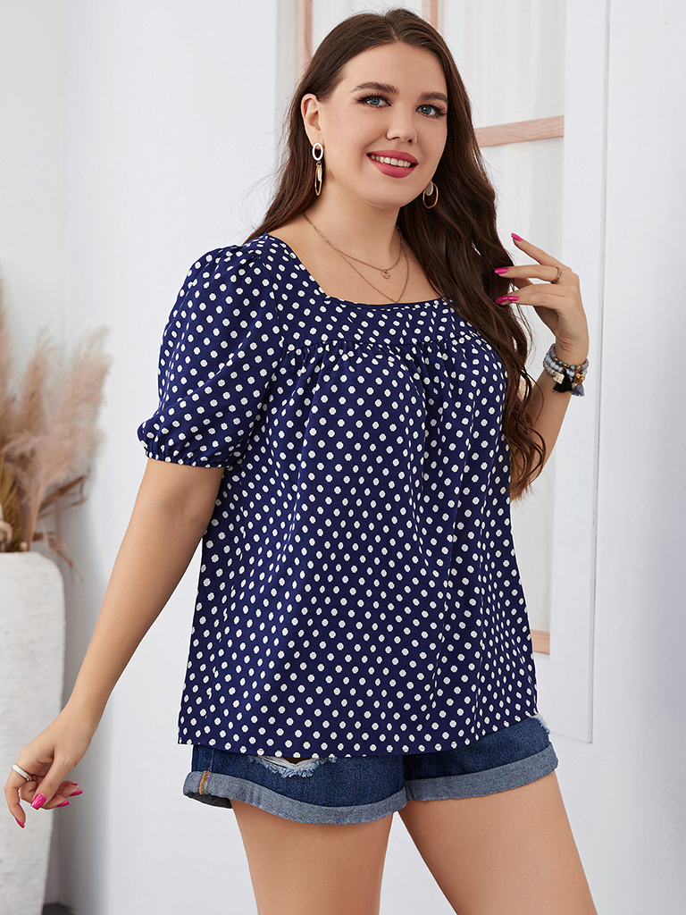 Large size women's chiffon short woven round neck plaid temperament commuter polka dot shirt