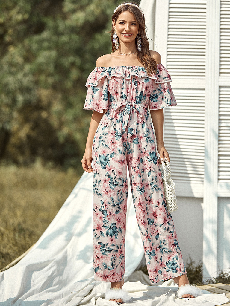 Women's woven one-shoulder floral ruffled jumpsuit