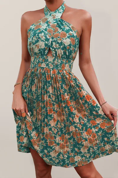 Women's Woven Sexy Halter Neck Backless Floral Dress
