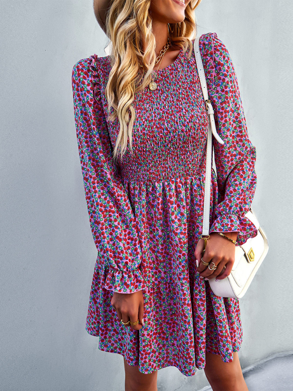 Round neck floral dress spring and summer long-sleeved all-match A-line skirt