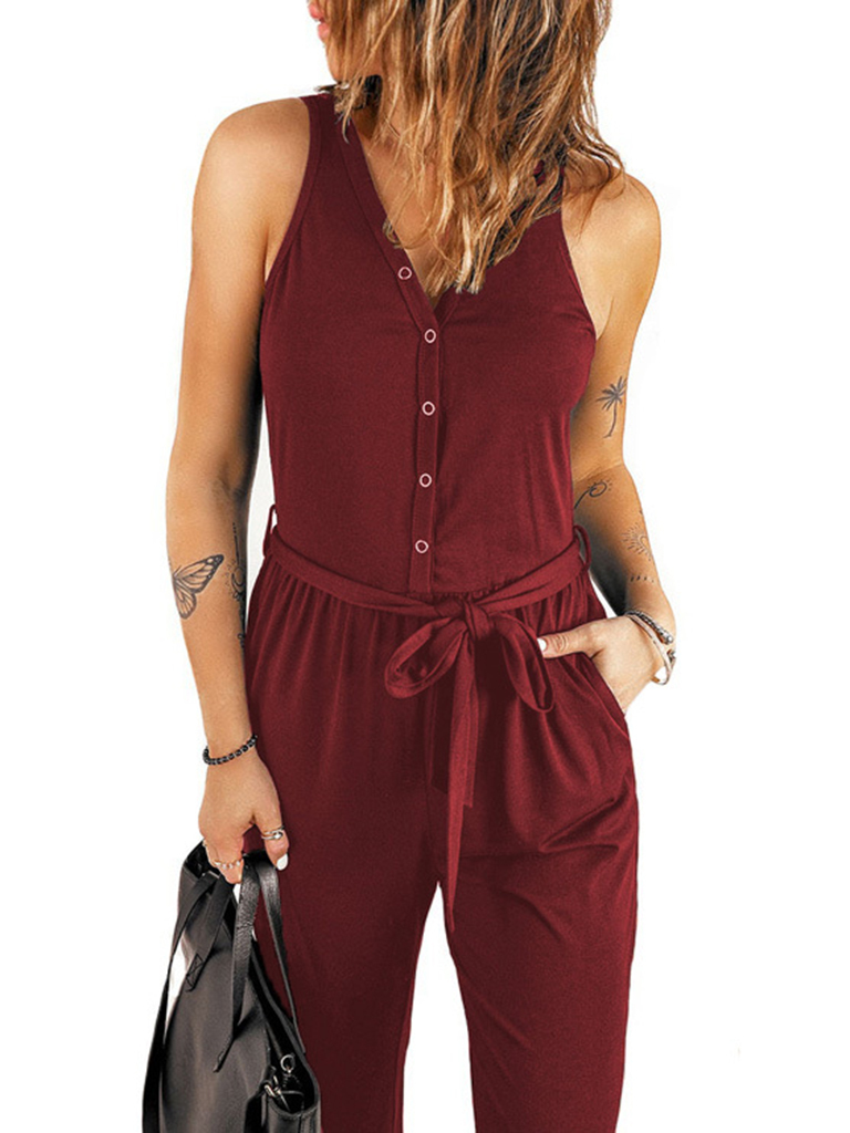 Women's new sleeveless jumpsuit solid color V-neck waist tie casual trousers