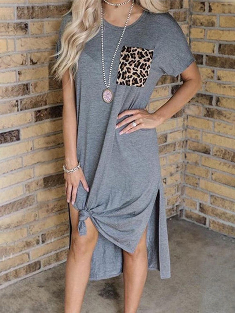 New style leopard print pocket splicing short-sleeved slit casual retro dress women's clothing