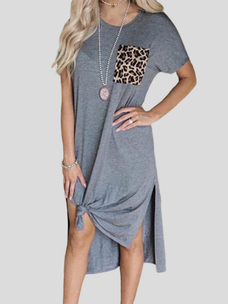 New style leopard print pocket splicing short-sleeved slit casual retro dress women's clothing