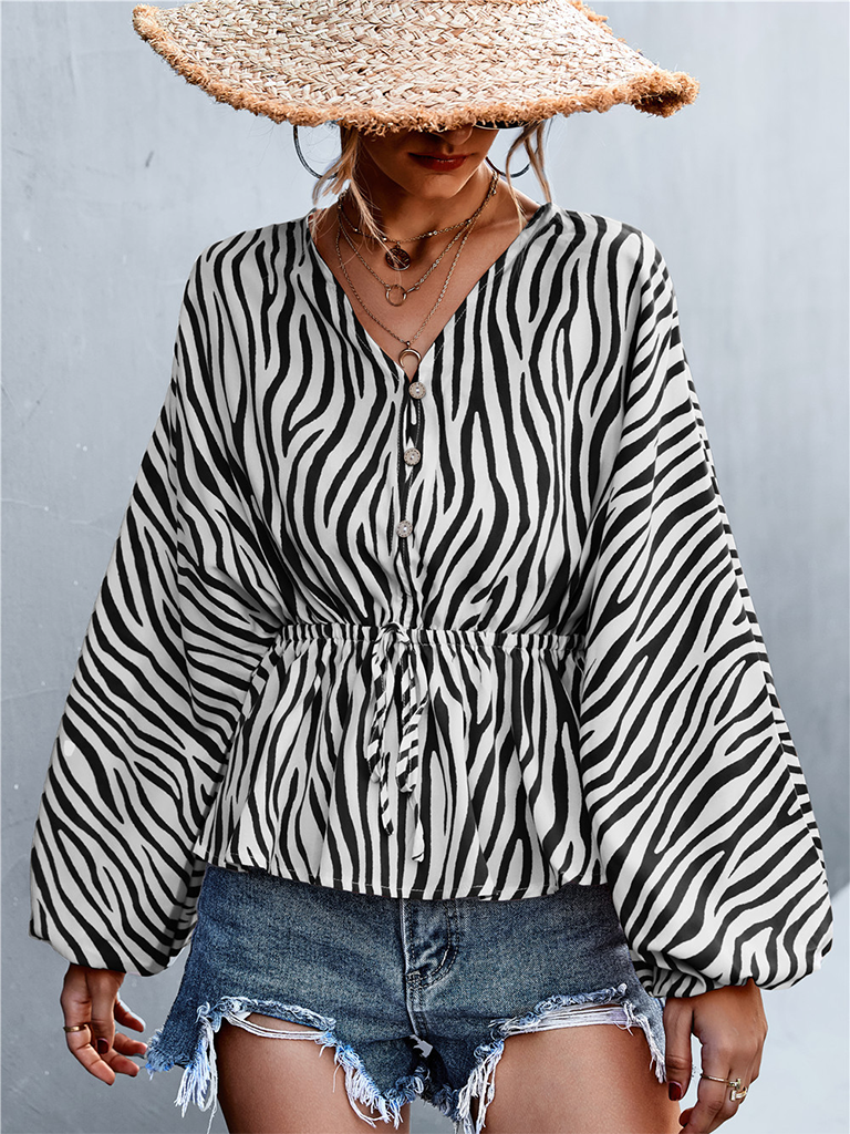 Women's Single Breasted V-Neck Zebra Print Top