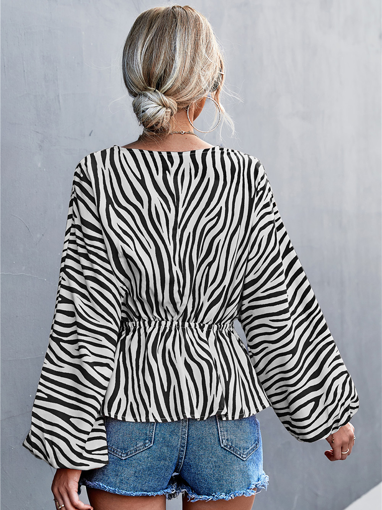 Women's Single Breasted V-Neck Zebra Print Top