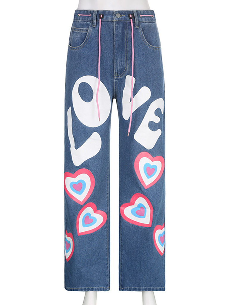 Women's Contrasting Color Heart Graffiti Print Loose Jeans