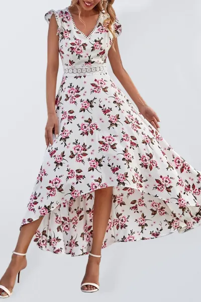 Women's Printed Sleeveless Swing Skirt Lace Waist Dress