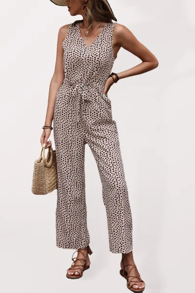 Women's Woven Fashion Casual Leopard Print V-Neck Jumpsuit