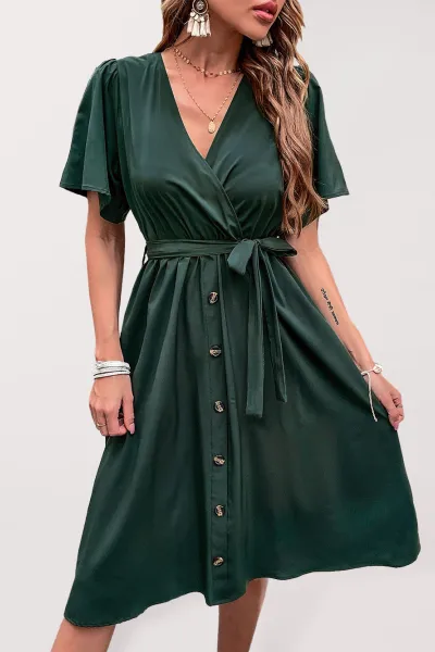 Women's Woven V Neck Short Sleeve Midi Dress