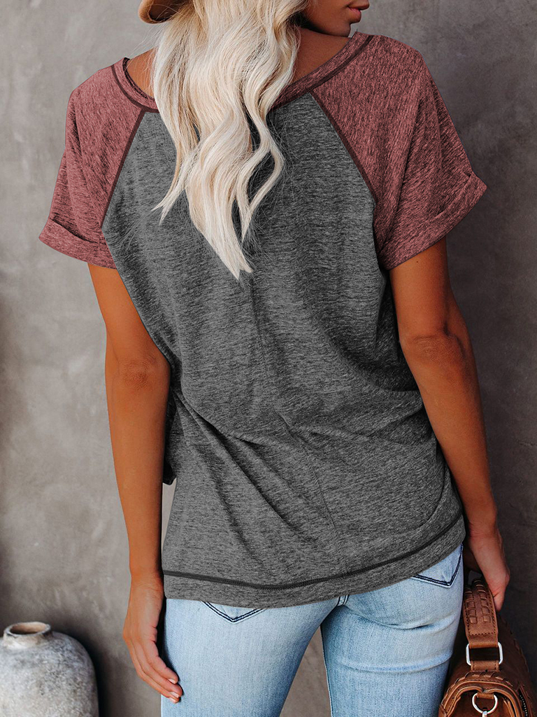 Ladies Colorblock Casual Round Neck Short Sleeve T-Shirt
