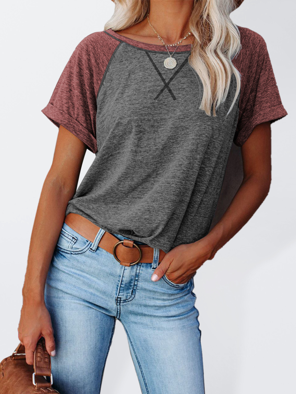 Ladies Colorblock Casual Round Neck Short Sleeve T-Shirt