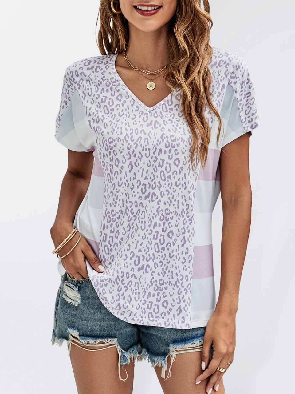Women's Leopard Stitching Stripe Print V-Neck Short Sleeve T-Shirt