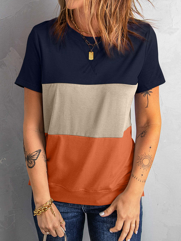 Women's Casual Colorblock Short Sleeve Round Neck T-Shirt
