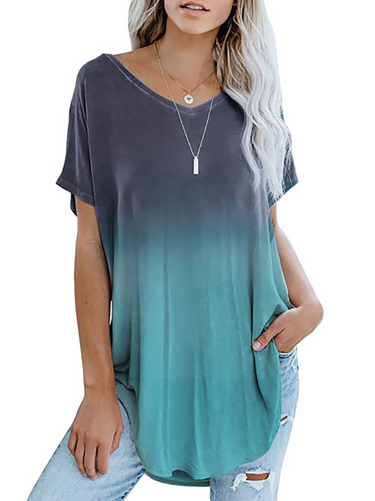 Gradient color printing V-neck short-sleeved mid-length casual T-shirt for women