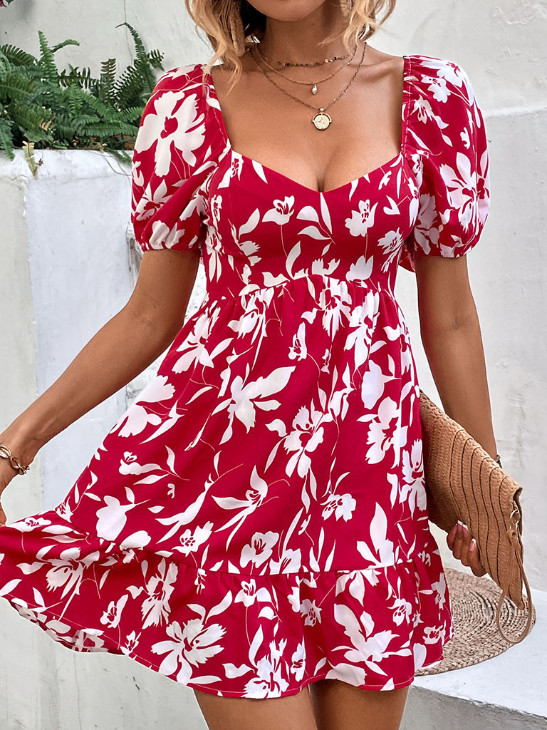 Women's Woven French Vintage Sweetheart Neck Print Dress