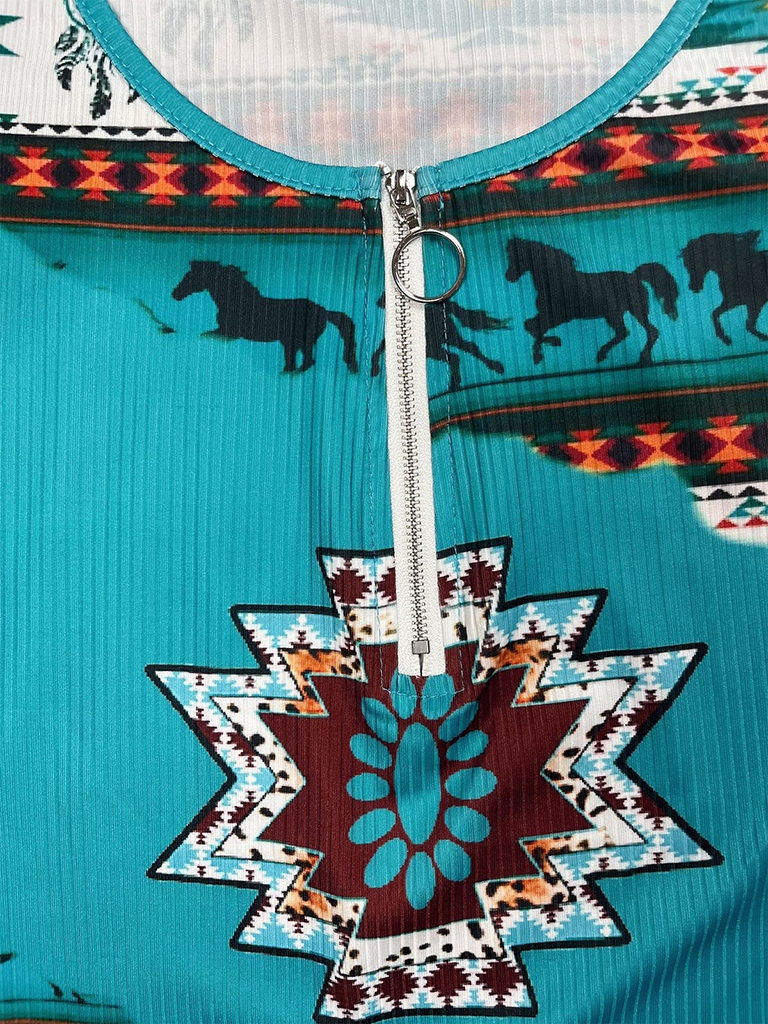 Women's Knitted Ethnic Western Half Zip Printed Tank Top