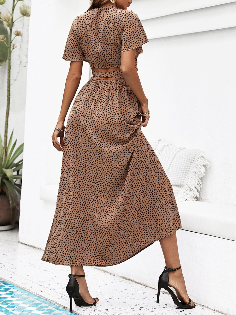 Women's leopard print short-sleeved top + skirt two-piece set
