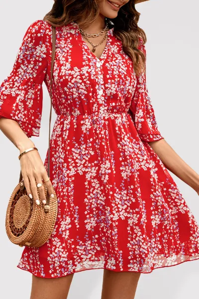Women's fashion casual V-neck half-sleeve printed dress for women