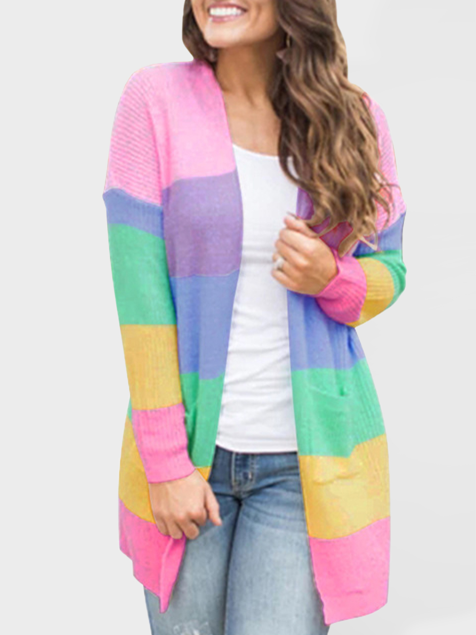 Sweater Loose Color Long Sleeve Contrasting Color Striped Knit Cardigan Jacket