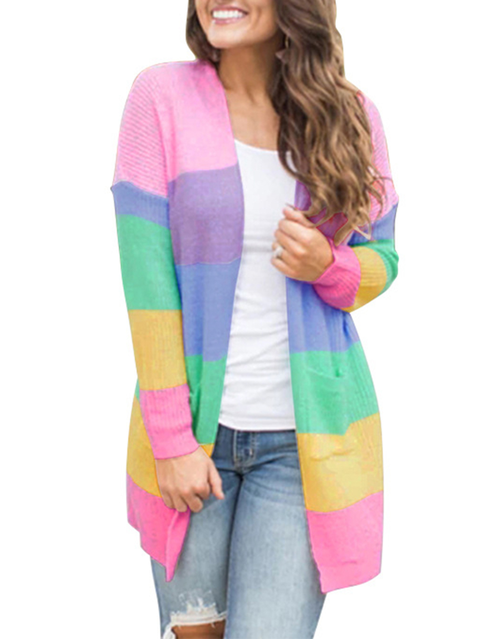 Sweater Loose Color Long Sleeve Contrasting Color Striped Knit Cardigan Jacket