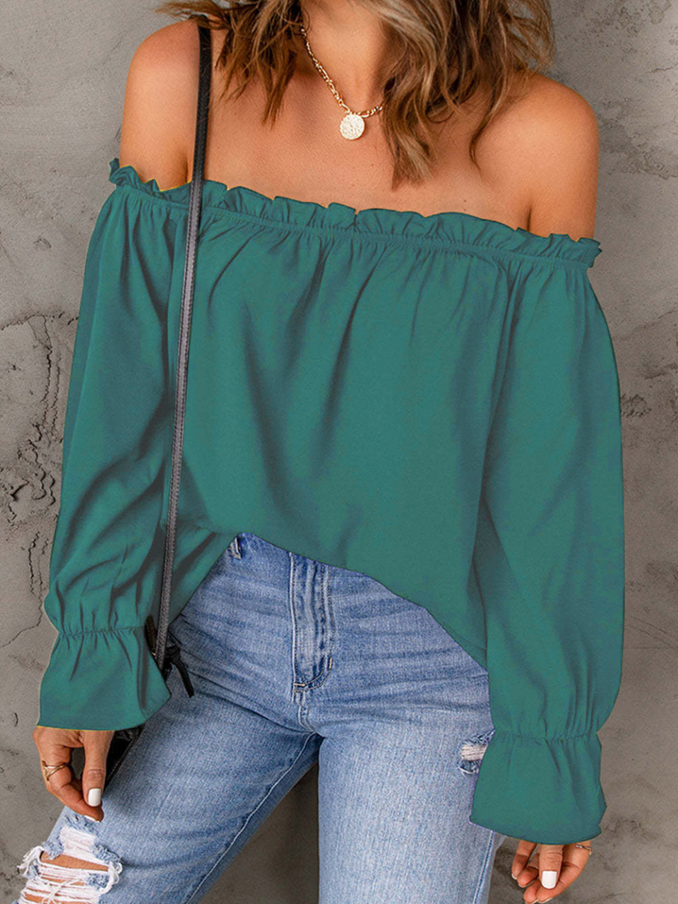 One-neck chiffon shirt solid color pullover sexy off-the-shoulder top
