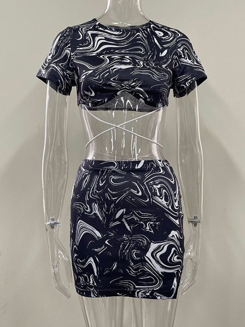Women's printed strappy short-sleeved T-shirt + skirt two-piece suit