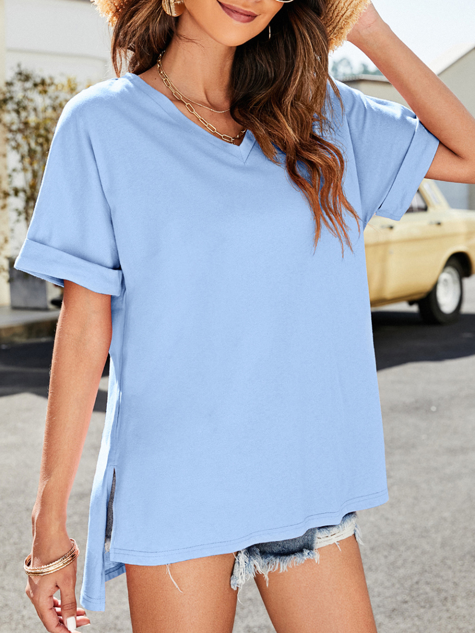 Summer new solid color v-neck short-sleeved top with short front and long rear slits