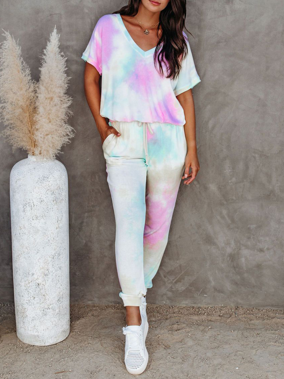 Women's colorful tie-dye short-sleeved T-shirt + trousers two-piece suit