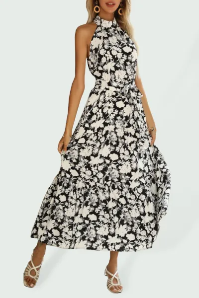 Summer French Halter Neck Sleeveless Slit Print Sexy Dress