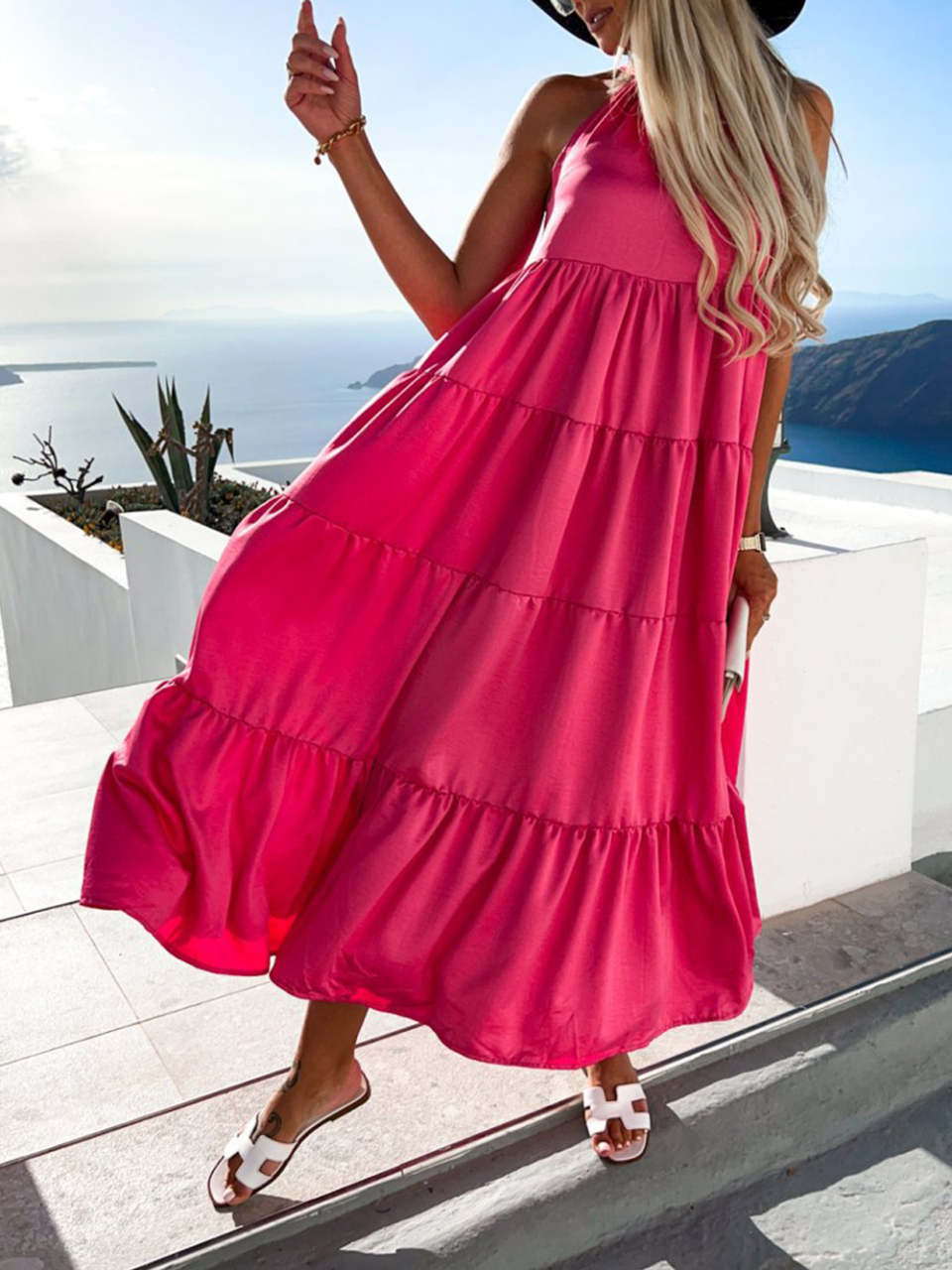 Ruched Solid Color Swing Skirt Beach Vacation Dress