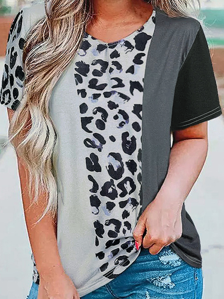 Women's Black and White Colorblock Leopard Print Short Sleeve V-Neck T-Shirt