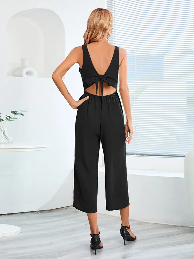 Women's Fashion Sexy Slim Sleeveless Button V-Neck Jumpsuit