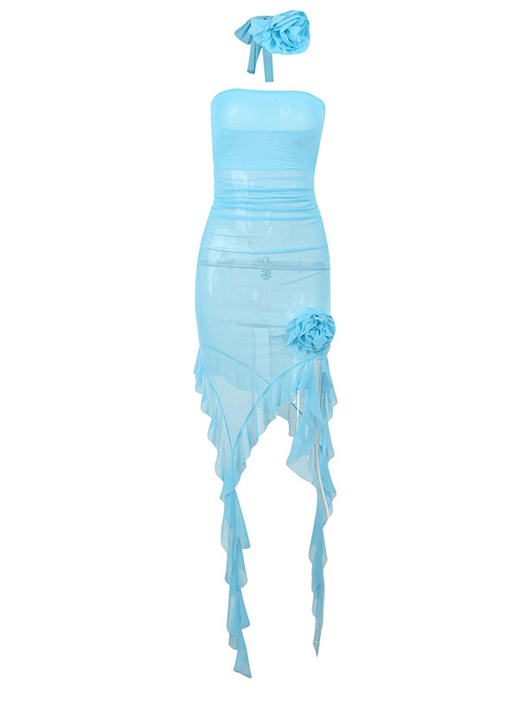 Sexy mesh see-through flower tube top dress