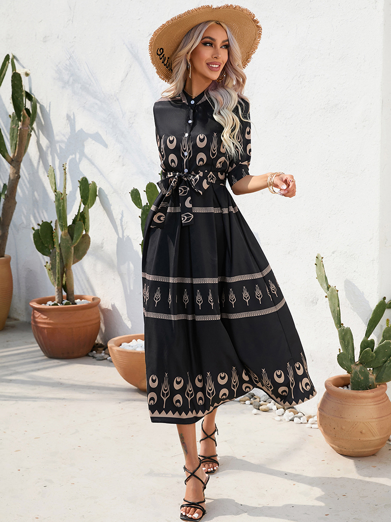 Women's Ethnic Printed Half-Sleeve Midi Dress