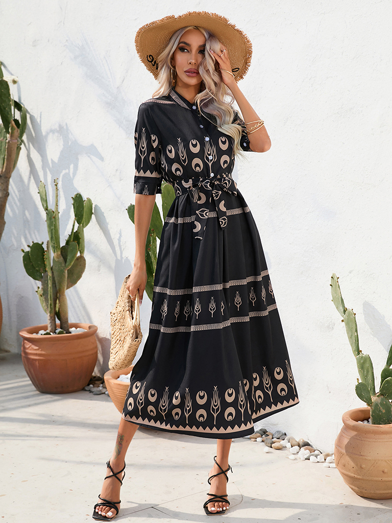 Women's Ethnic Printed Half-Sleeve Midi Dress