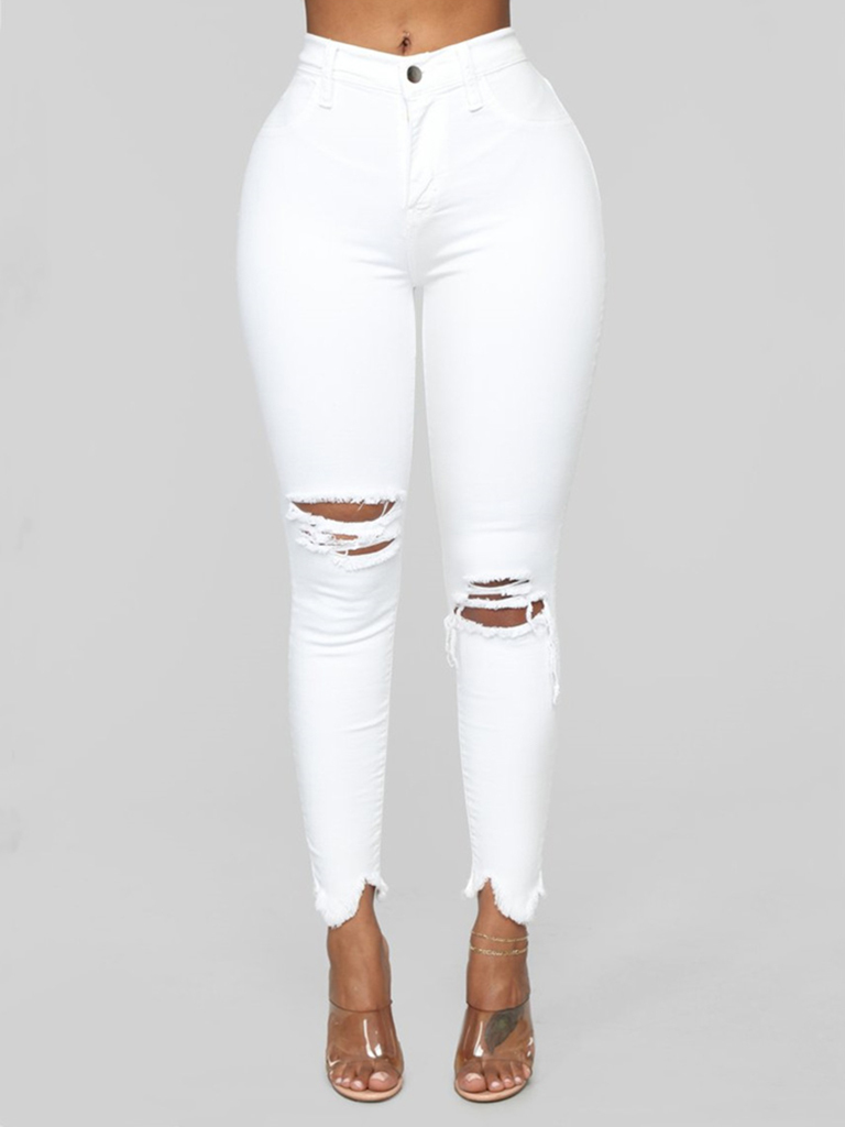 Women's elastic ripped solid color denim long trousers
