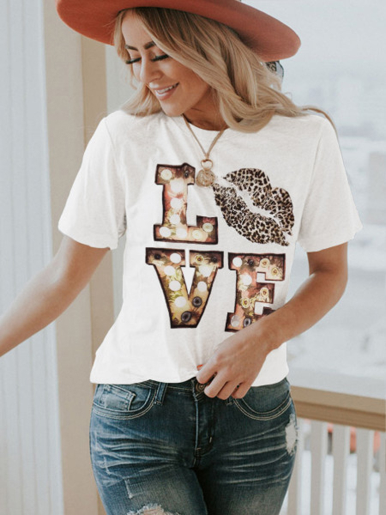 Short Sleeve Leopard Lips Crew Neck Print T-Shirt