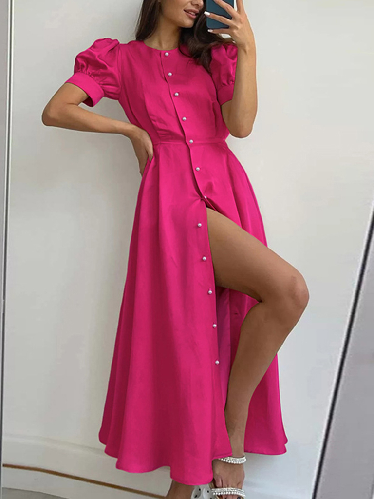 Women's Solid Color Solid Color Single Breasted Sexy Slit Mid Length Dress