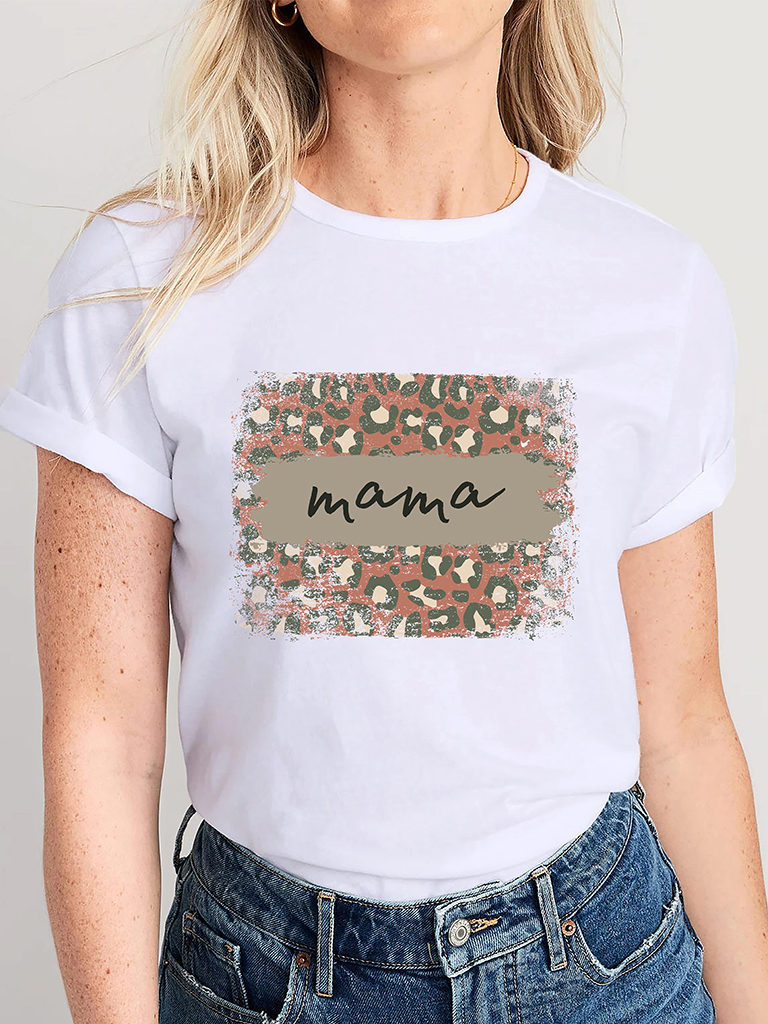 Women's Knitted Round Neck Leopard Print Mother's Day Short Sleeve T-Shirt
