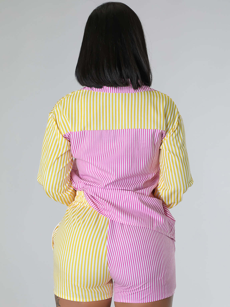 Women's striped color contrast shirt + shorts two-piece suit
