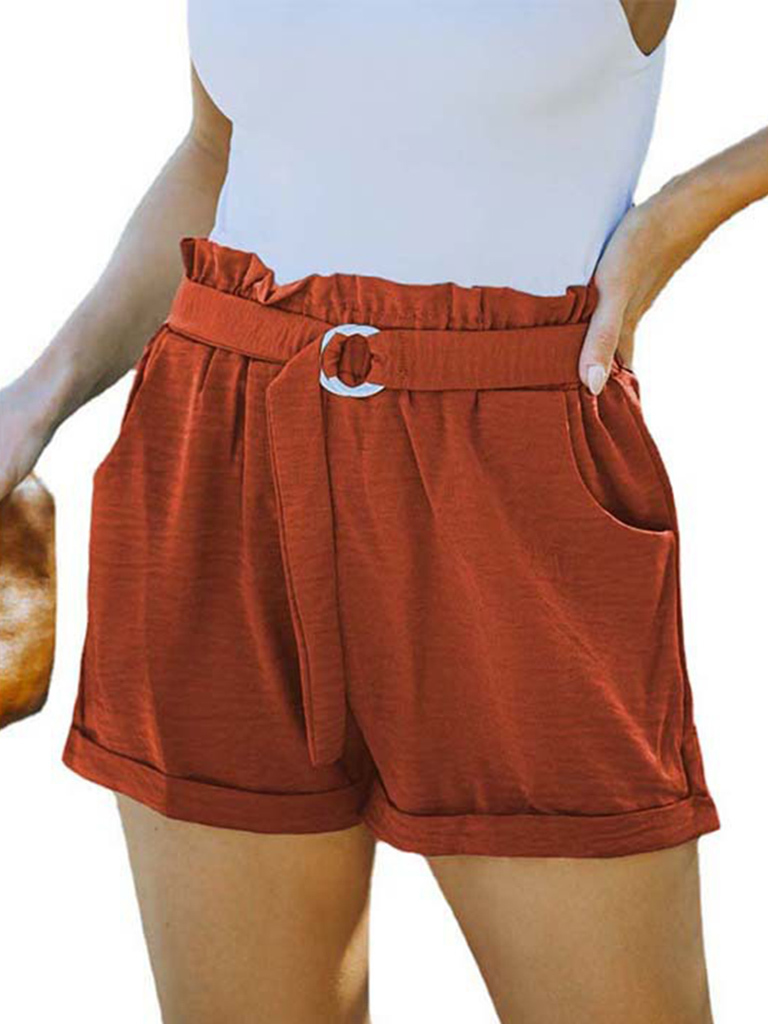 Women's High Waist Casual Pants Cross Border Solid Color Pocket Belt Loose Straight Leg Shorts