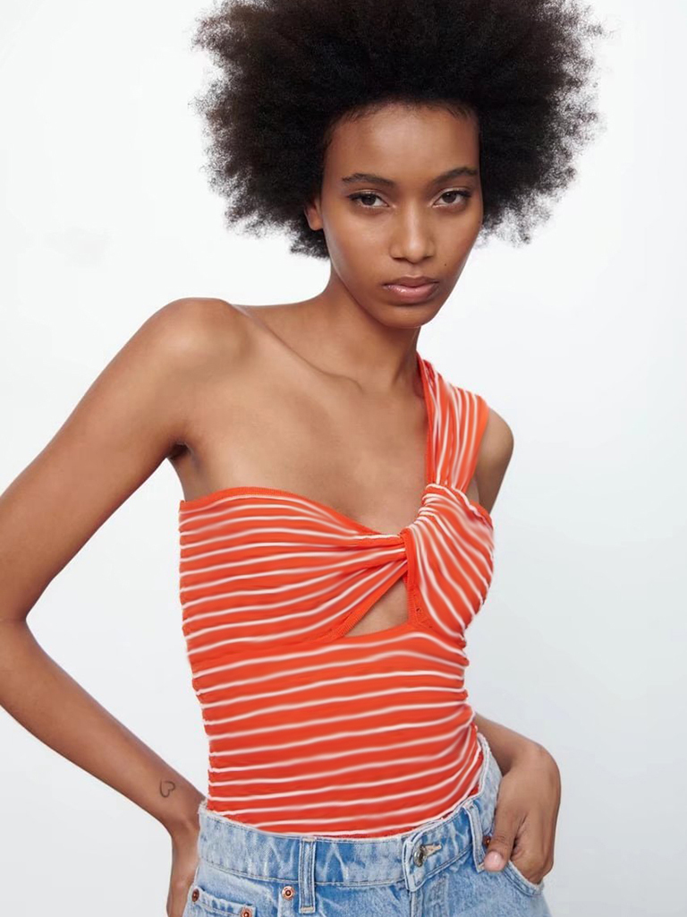 Orange One Shoulder Women's Knitted Vest Camisole Top