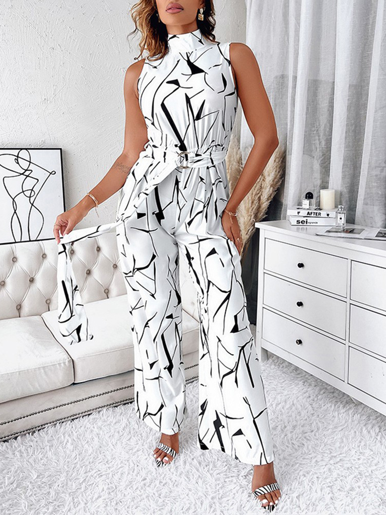 Women's Fashion Commuter Slim Abstract Print Sleeveless Jumpsuit