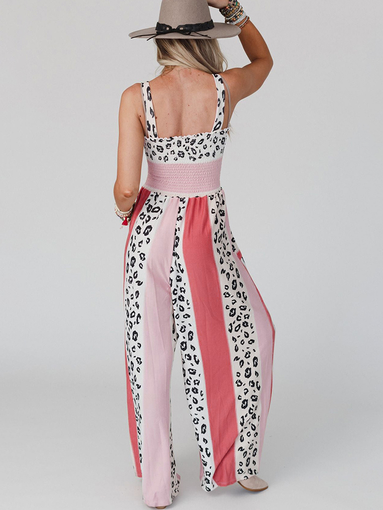 Women's Casual Fashion Leopard Mixed Color Print Pocket Jumpsuit
