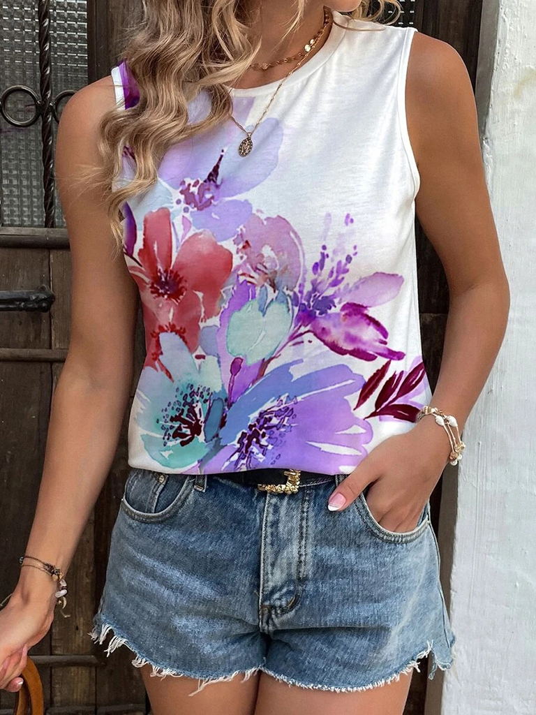 Women's Summer New Positioning Painted Flowers Fashion Vest Casual Tops