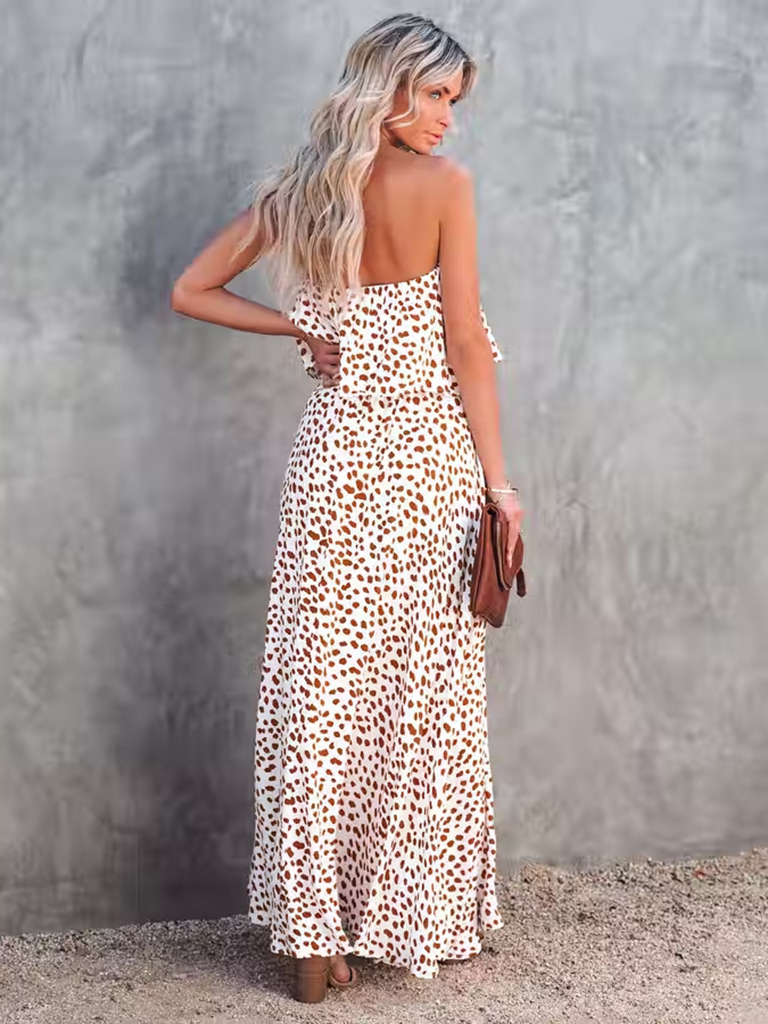 New style leopard print one-shoulder ruffle slit dress