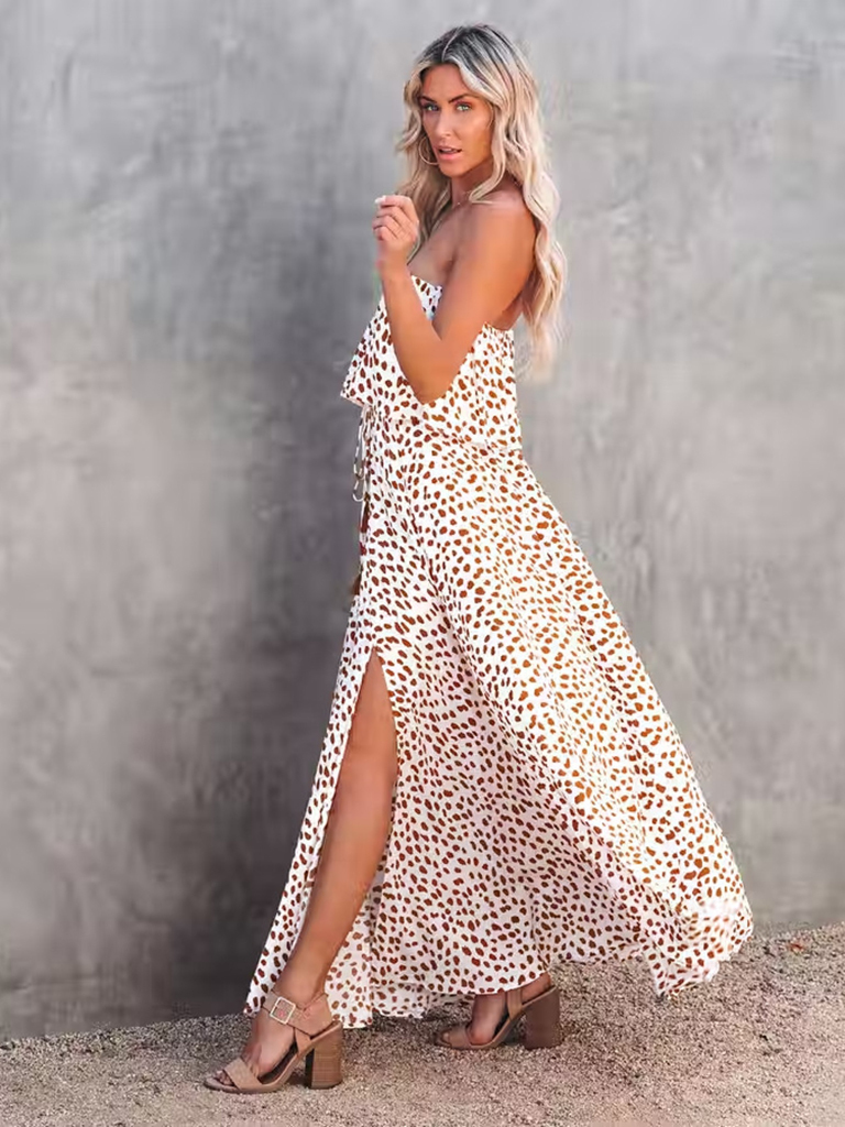 New style leopard print one-shoulder ruffle slit dress